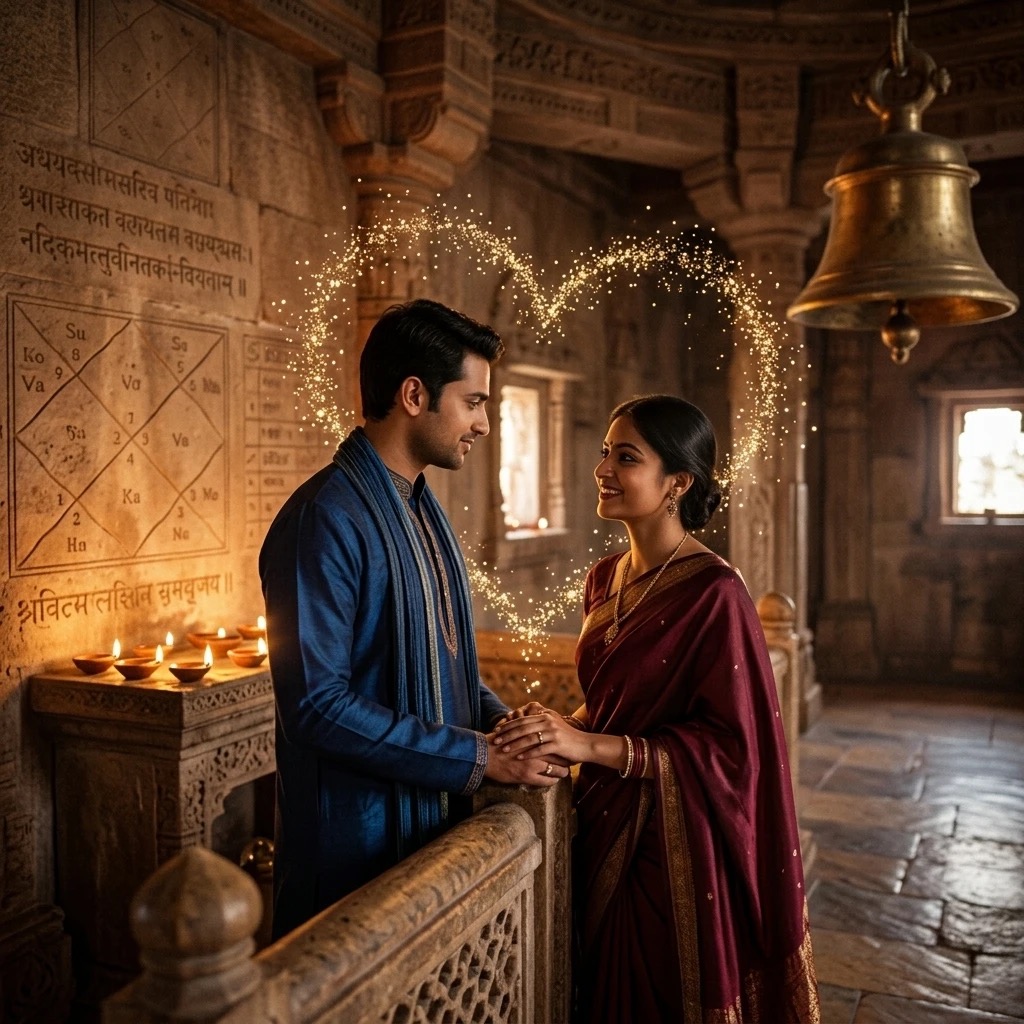 A couple standing before a kundli chart in a temple, with a glowing heart of light between them