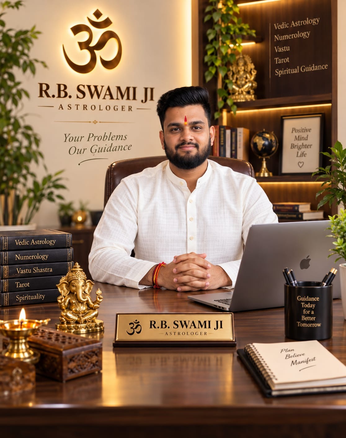 Astrologer RB Swami Ji consulting a client at his office desk with a nameplate reading Om R.B. Swami Ji Astrologer